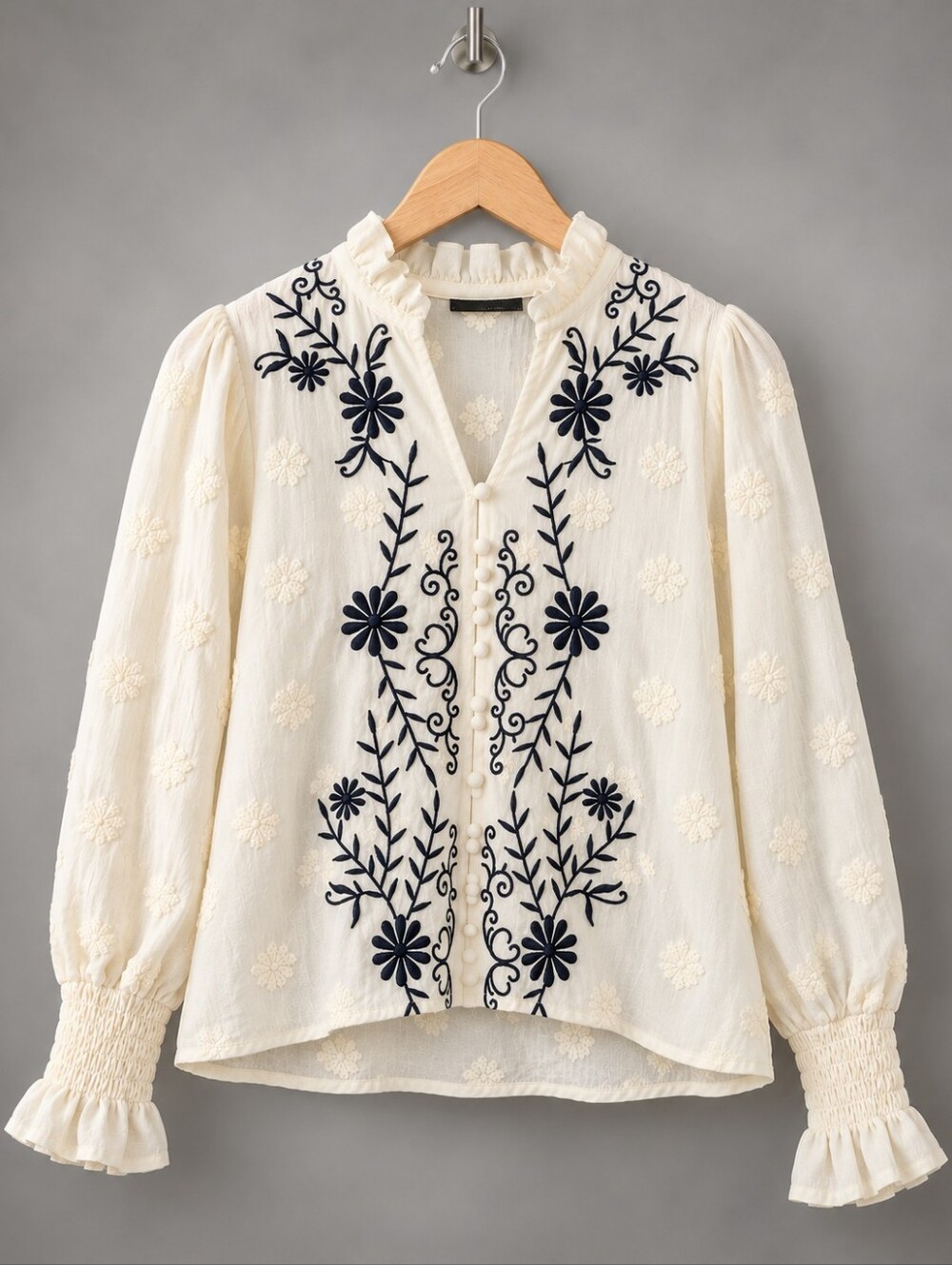 Forgotten Grace Floral Embroidered Smocked Cuff Blouse Natural Navy Boho Large